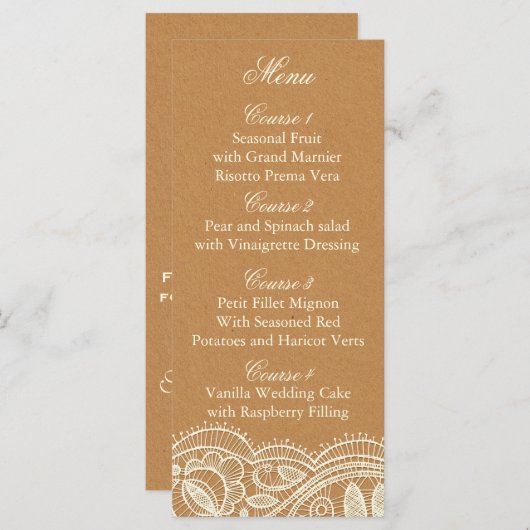Menu Mariage papier dentelle et Kraft (Devant / Derrière)