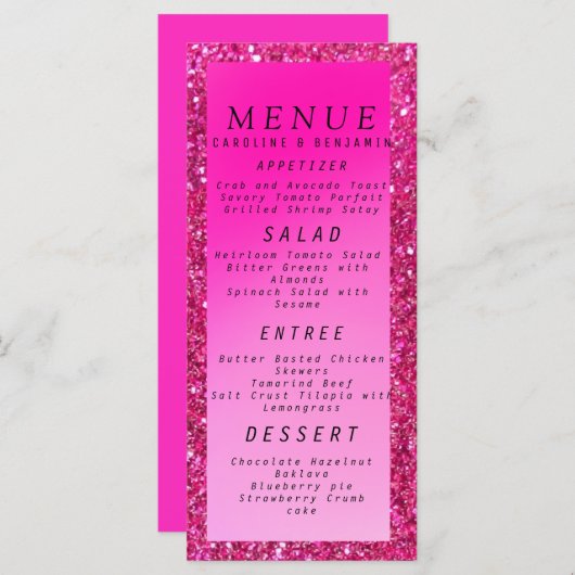 Menu mariage Parties scintillant rose classique (Devant / Derrière)