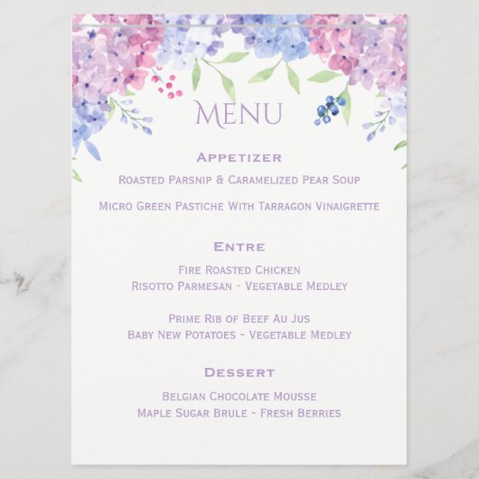 Menu Mariage Pastel Hydrangeas (Dos)