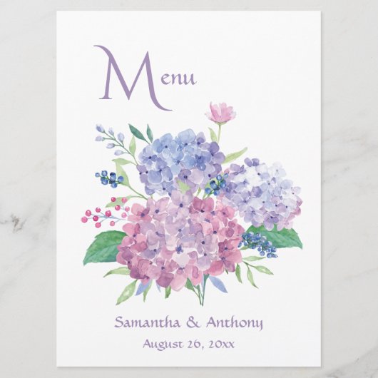 Menu Mariage Pastel Hydrangeas (Devant)