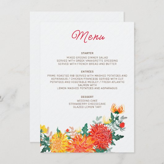 Menu Mariage Pastel Orange Yellow Spring Dahlia Fleurs (Devant / Derrière)