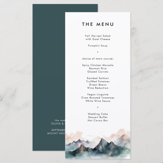 Menu Mariage paysager moderne Watercolor Mountain (Devant / Derrière)