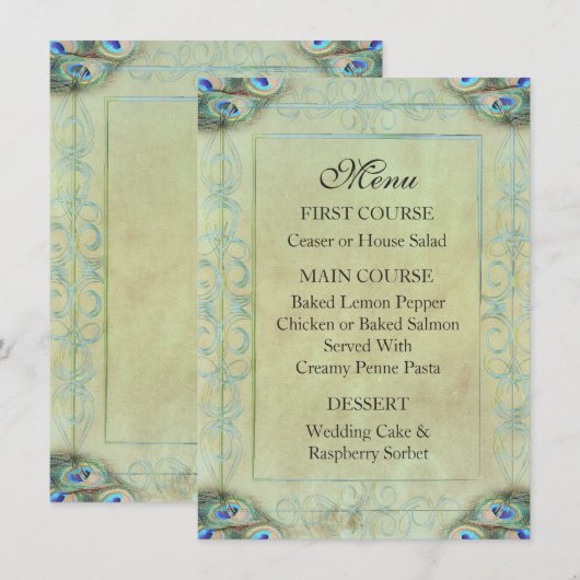 Menu Mariage Peacock vintage (Devant / Derrière)