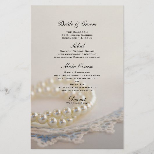 Menu Mariage Pearles blanches et dentelle bleue (Devant)