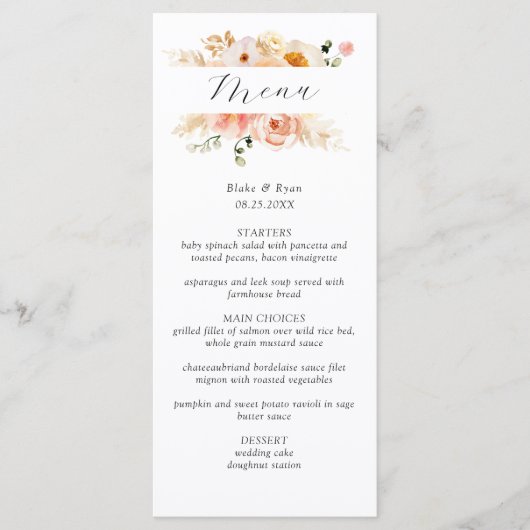 Menu Mariage Pêche, Blush et Champagne avec Monogr (Devant)