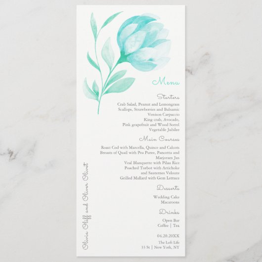 Menu Mariage Peonies turquoises (Devant)
