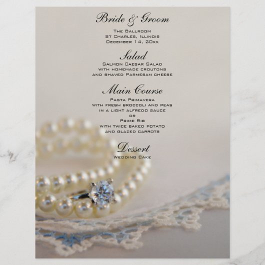 Menu Mariage Perles, Anneau Diamant et Dentelle Bl (Devant)