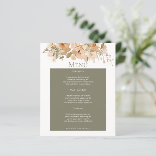 Menu Mariage personnalisé à fleurs de pêches verte (Debout devant)