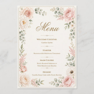 Menu Mariage personnalisé à l'aquarelle avec fleurs ros
