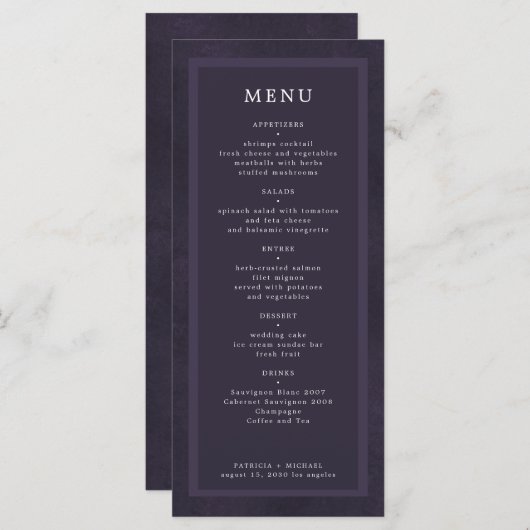 Menu Mariage personnalisé simple et élégant violet fonc (Devant / Derrière)
