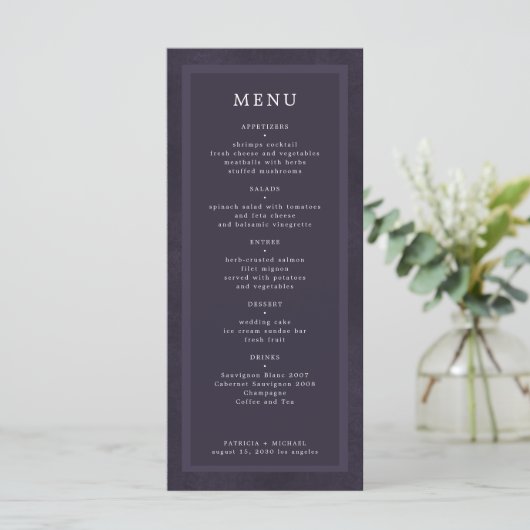Menu Mariage personnalisé simple et élégant violet fonc (Debout devant)