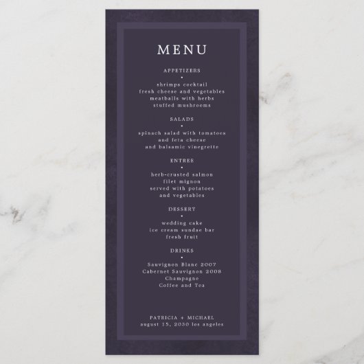 Menu Mariage personnalisé simple et élégant violet fonc (Devant)