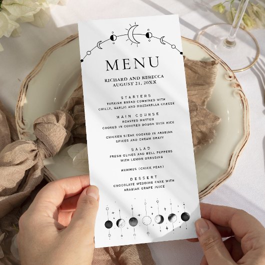 Menu Mariage Phases de Lune Croissant Noir Blanc Célest
