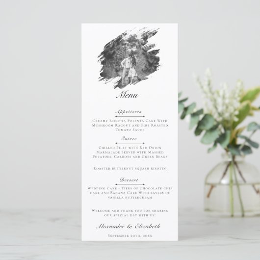 Menu Mariage photo moderne Brushstroke | BLANCHE (Debout devant)
