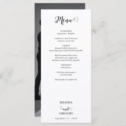 Menu Mariage photo moderne en noir et blanc (Devant / Derrière)