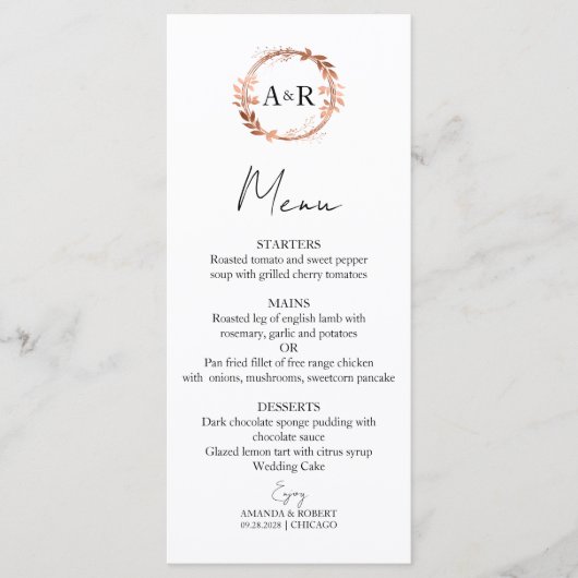 Menu Mariage photo Monogramme Rose Wreath Gold Foil (Devant)