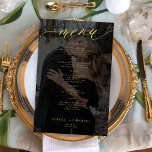 Menu mariage photo recouvert d'or noir budget<br><div class="desc">Simple foncé recouvert de photo personnalisée noir et or tendance minimaliste script de calligraphie chic texte personnalisé modèle BUDGET abordable carte de menu mariage.</div>