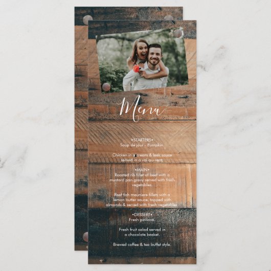 Menu Mariage photo rustique en bois (Devant / Derrière)