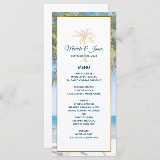 Menu Mariage photo Tropical Gold Palm Tree Beach (Devant / Derrière)