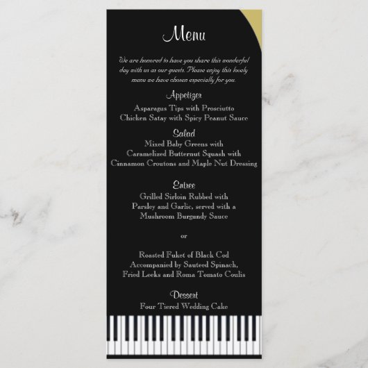 Menu Mariage Piano Noir et Or (Devant)