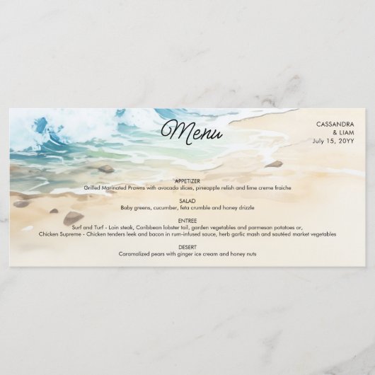 Menu Mariage plage Bleu Océan Côtier Thème (Devant)