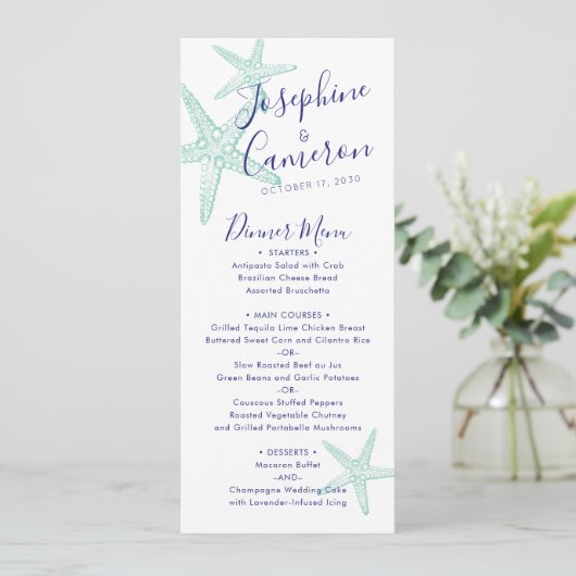 Menu Mariage plage Turquoise Bleu Starfish Moderne (Debout devant)