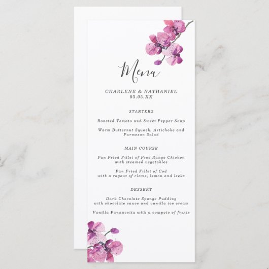 Menu Mariage Plum Watercolor Orchid (Devant / Derrière)