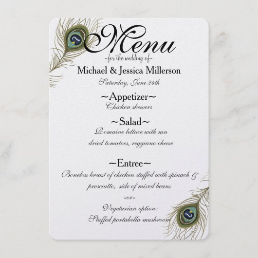 Menu Mariage Plumes Peacock (Devant)