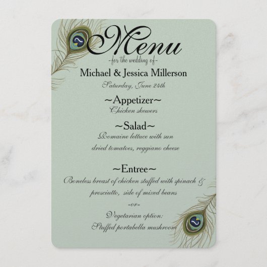 Menu Mariage Plumes Peacock Sage (Devant)