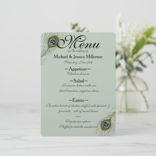 Menu Mariage Plumes Peacock Sage (Debout devant)