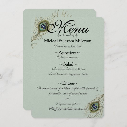 Menu Mariage Plumes Peacock Sage (Devant / Derrière)