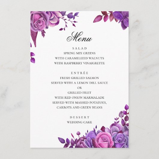 Menu Mariage pourpre aquarelle. lavande romantique (Devant)