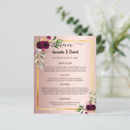 Menu mariage Programme floraux Bourgogne or rose (Debout devant)
