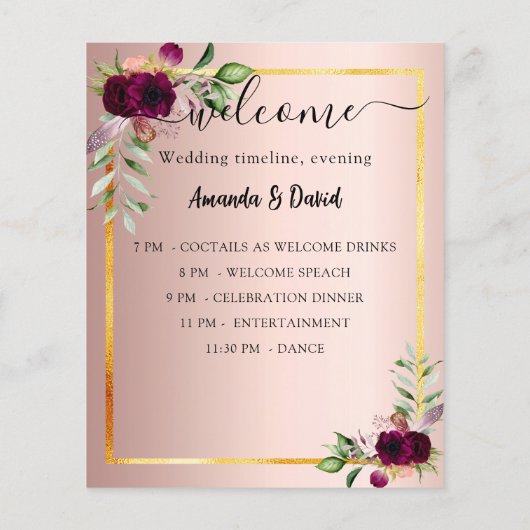 Menu mariage Programme floraux Bourgogne or rose (Dos)