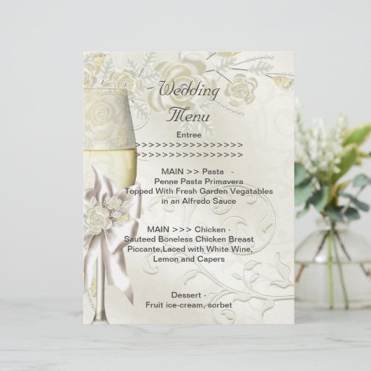 Menu mariage Programme Gold Cream Pearl Floral Ros (Debout devant)