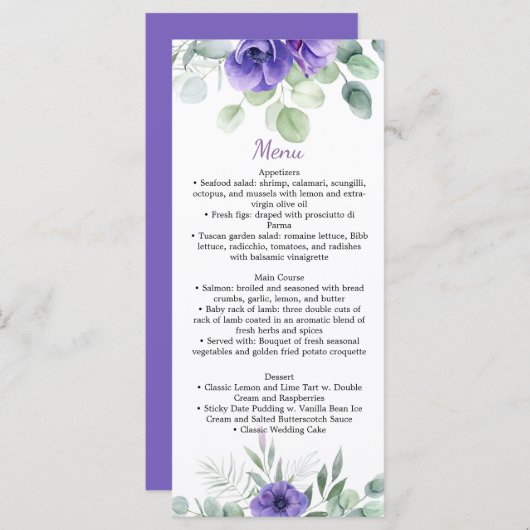 Menu Mariage Purple Anemones et Verdure (Devant / Derrière)