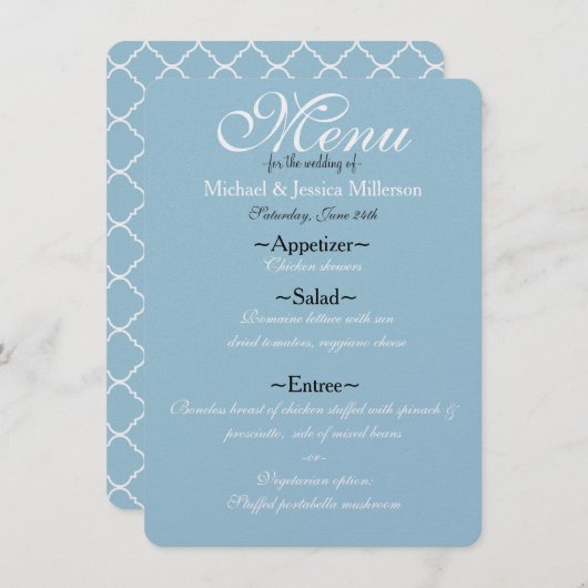 Menu Mariage Quatrefoil bleu et blanc (Devant / Derrière)