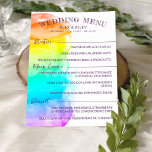 Menu Mariage Rainbow Watercolor Splash LGBTQ<br><div class="desc">Menu couleur mariage LGBTQ dans une taille de 5 x 7 avec un lave à l'ombre couleur de l'aquarelle recouvrant la plupart de la carte avec de charmantes polices manuscrites en violet foncé. Ajoutez vos entrées,  plats et desserts.</div>