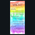 Menu Mariage Rainbow Watercolor Wash LGBTQ<br><div class="desc">Le menu couleur mariage LGBTQ,  avec un lave à l'ombre d'aquarelle couvrant la plupart de la carte avec de charmantes polices manuscrites en violet foncé. Ajoutez vos entrées,  plats et desserts.</div>