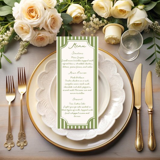 Menu Mariage rayures vintage vert sauge