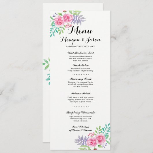 Menu Mariage Réception Élégante Cartes Roses Flora (Devant / Derrière)