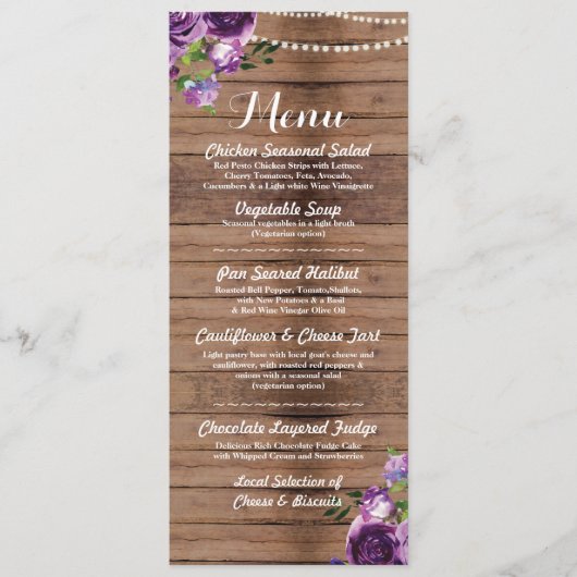 Menu Mariage Réception Fleurs en Bois Violet (Devant)