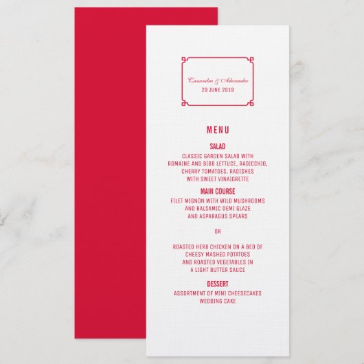 Menu Mariage Red Deco Chic (Devant / Derrière)