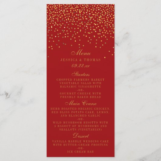 Menu Mariage Red & Glam Gold Confetti (Devant)