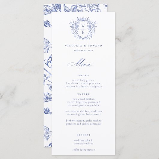 Menu Mariage Regency Blue Crest Monogram (Devant / Derrière)