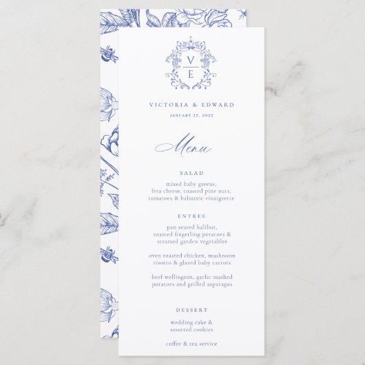 Menu Mariage Regency Blue Crest Monogram (Devant / Derrière)