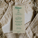 Menu Mariage rétro à main dessiné vert irky<br><div class="desc">Un menu coloré rétro moderne et chaleureux mariage rouge vif pour le dîner. Ce qui présente un design modèle chic de boho vintage vert arrière - plan et vert foncé typographie et menu écrit à la main en vert. Et des lunettes de champagne dessinées à la main. Avec du monogramme...</div>