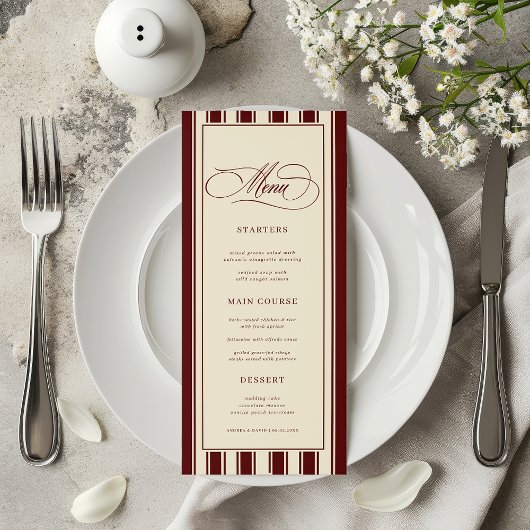 Menu Mariage Rétro avec Bordure Rayée Ivoire & Bourgogn