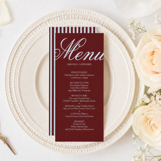 Menu Mariage Rétro Bleu Glace et Rayures Bourguignonnes
