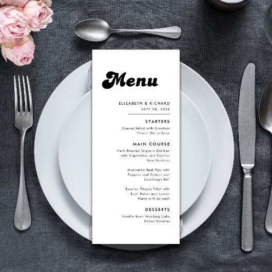 Menu Mariage Rétro Chic Noir et Blanc
